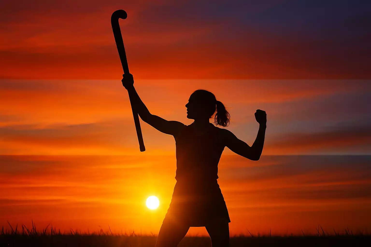 Silhouet van hockeyster met stick omhoog tegen oranje zonsondergang - triomf en succes