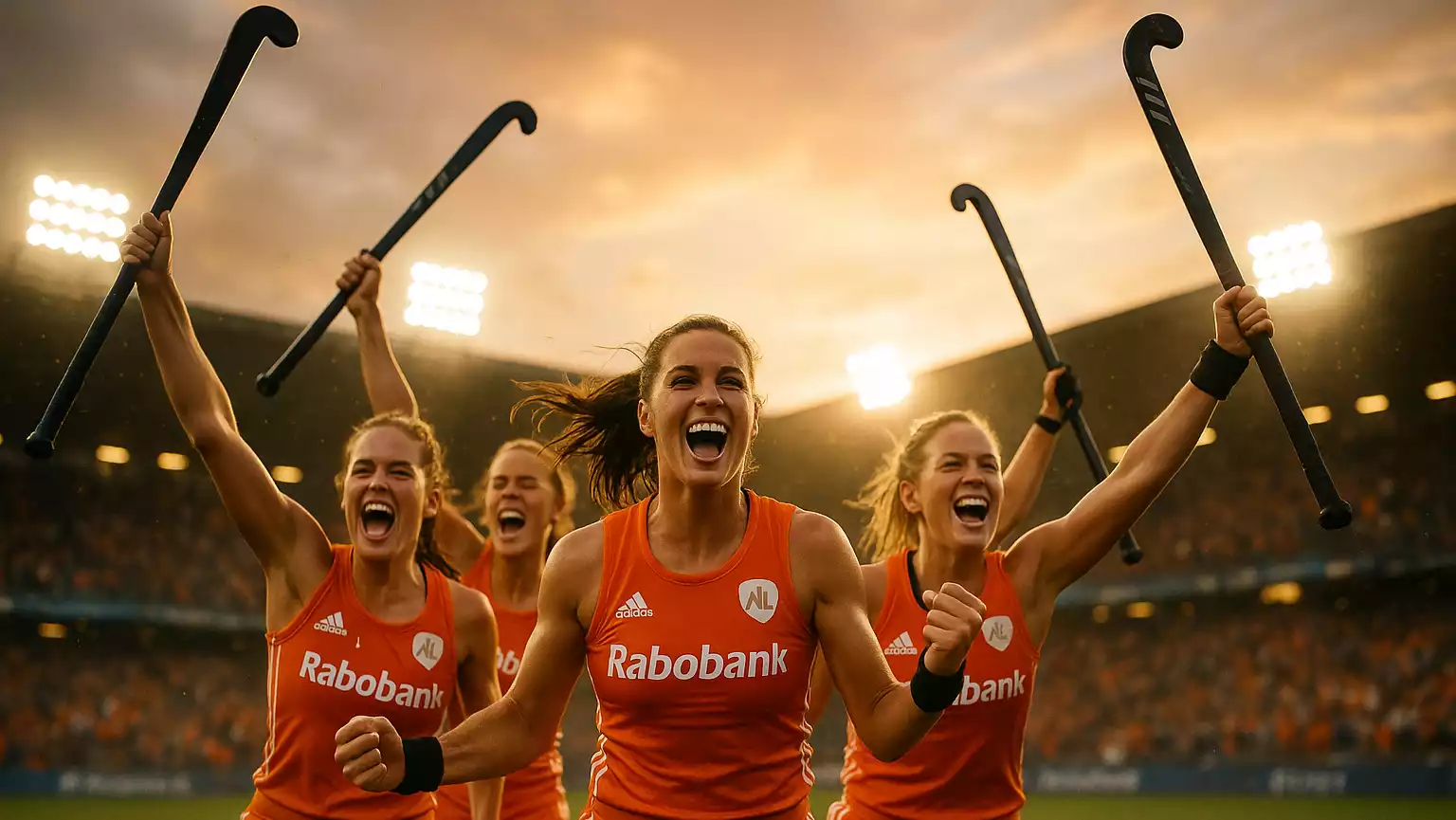 Nederlandse hockeyvrouwen vieren overwinning op het veld - Oranje Leeuwinnen in actie