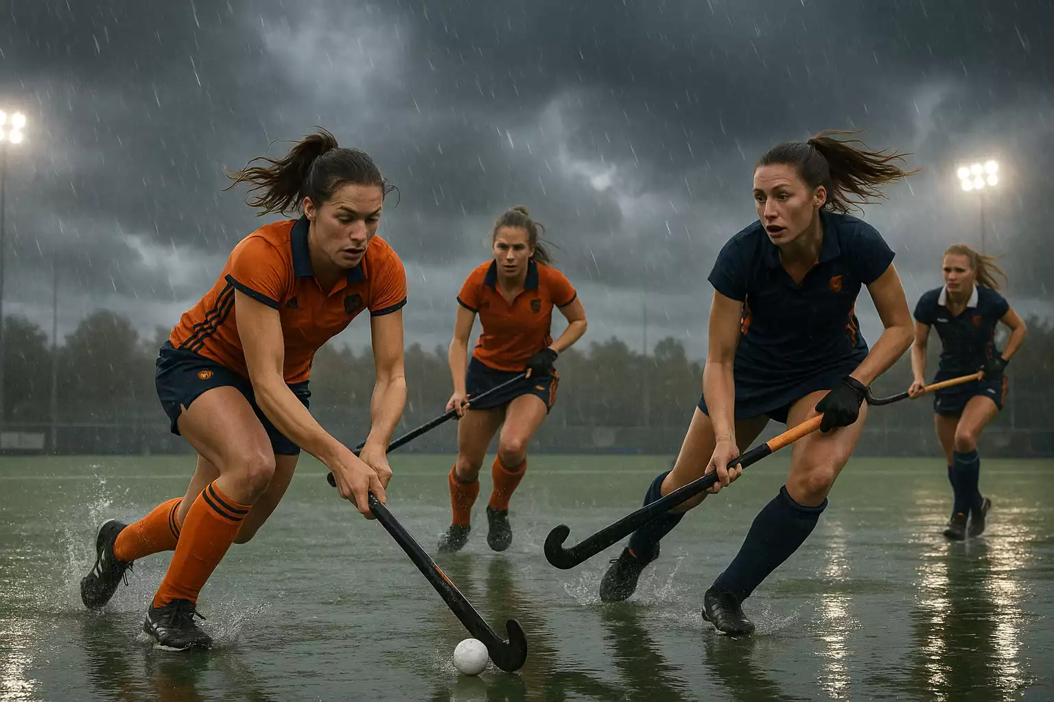 Hockeywedstrijd onder moeilijke weersomstandigheden met regen