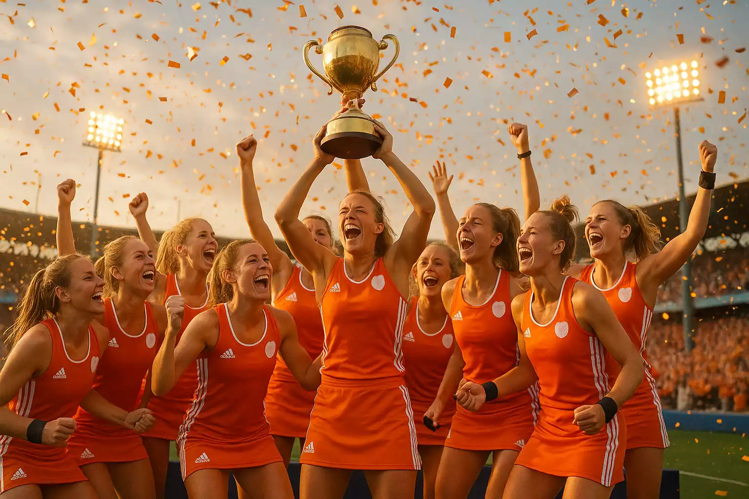 Nederlands dames hockeyteam viert EK-titel met trofee