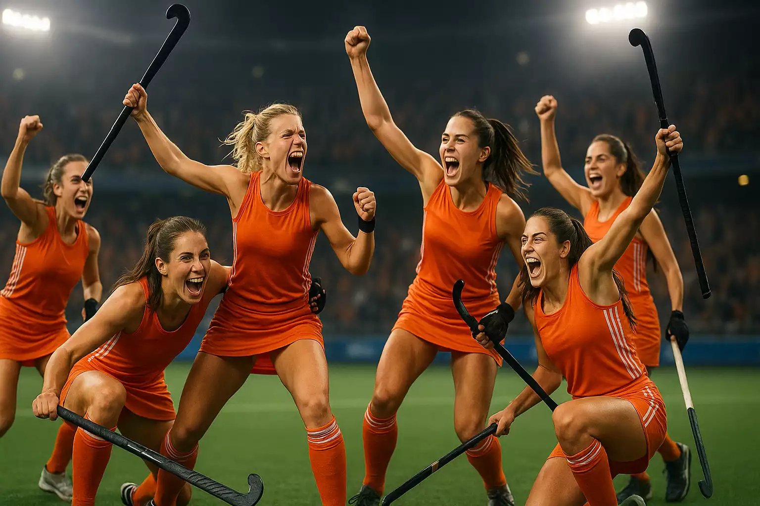 Oranje Dames hockeyteam viert overwinning op het veld