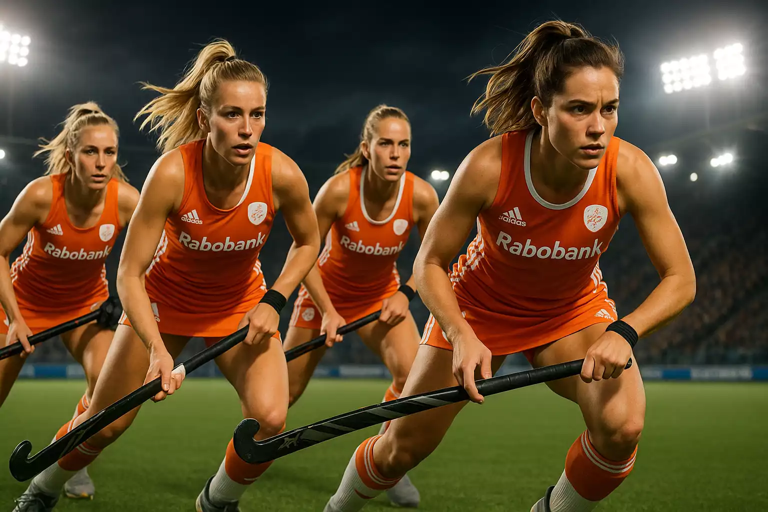 Oranje Dames hockeyteam in formatie op het veld - Nederlandse selectie